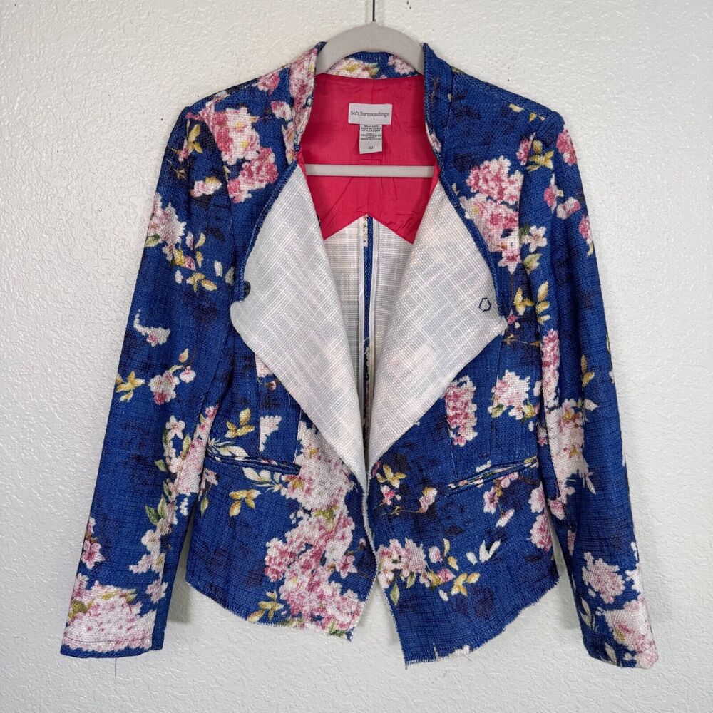 Soft Surroundings Jacket Womens 10 Floral Spring Blazer Career Snap Button Blue - Picture 2 of 10